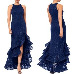 NEW BETSY & ADAM Navy Blue SEQUINED LACE Ruffle Hem TIERED Evening Dress GOWN